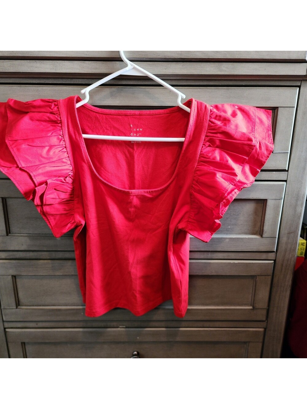 A New Day Red Ruffle Sleeve Scoop Neck Knit Blouse Women's Regular Size M